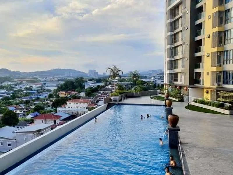Exterior type: high-rise condominium; features: infinity pool, pool deck with loungers, landscaped garden area, surrounding city skyline, water feature with decorative pots, views of residential area, palm trees, concrete pool edge; style: modern.