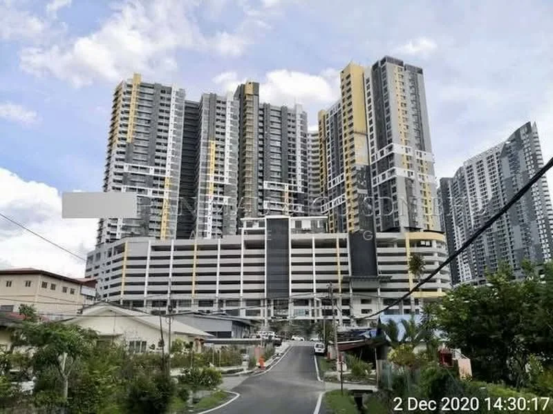 Exterior type: high-rise condominium; features: glass curtain wall, yellow and grey facade, multi-storey car park, surrounded by greenery, adjacent to road, modern architectural design; style: modern.