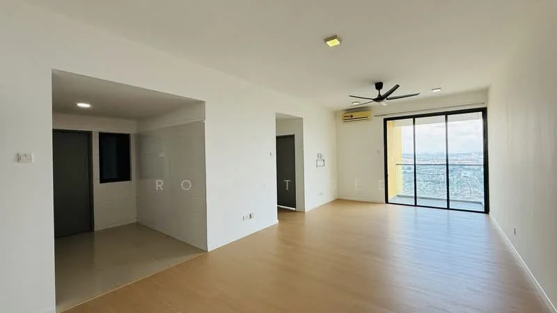 Living features: light wood flooring, white painted walls, 5-blade ceiling fan with light, floor-to-ceiling windows, sliding glass door, city view, air conditioning unit, recessed downlights; style: modern; view: city. Room features: white painted walls, tile flooring, doorway leading to another room, window.