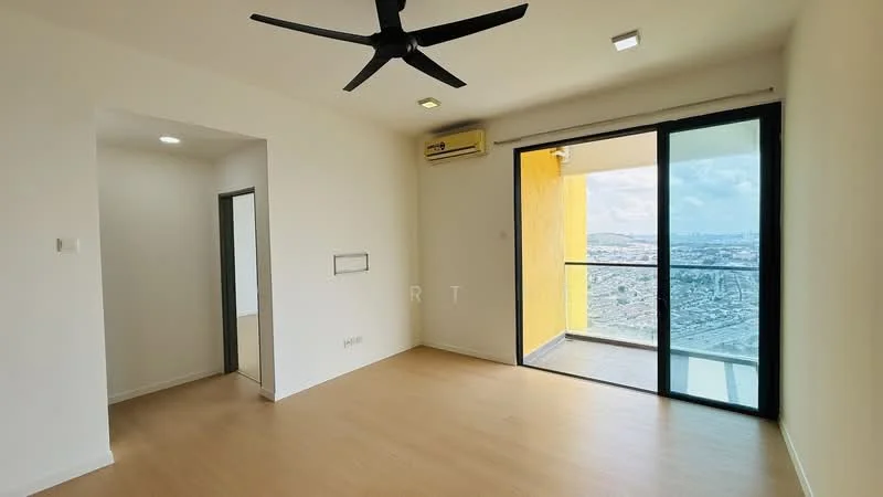 Living features: light wood laminate flooring, white painted walls, 5-blade ceiling fan with light, floor-to-ceiling sliding glass door, city view from balcony, wall-mounted split AC, recessed downlights; style: modern; view: city. Room features: white painted walls, light wood laminate flooring.