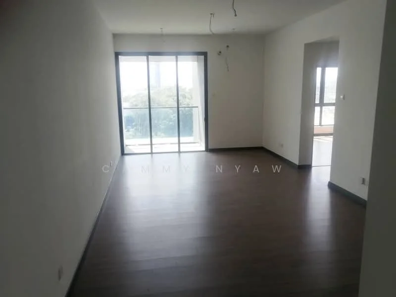 Living features: laminate flooring, white painted walls, floor-to-ceiling windows, sliding glass door, view of greenery, ceiling lights, neutral color scheme, open layout; style: modern; view: garden.