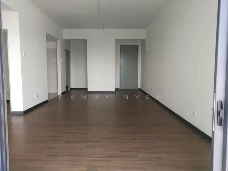 Room features: laminate flooring, white painted walls, recessed ceiling lights, open layout, multiple doorways, large windows, neutral color scheme, no visible furniture; style: modern.