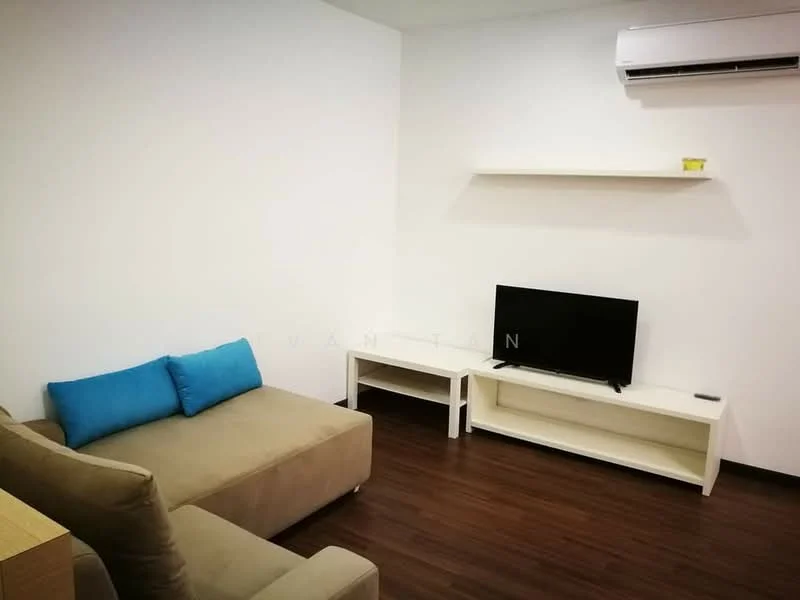 Living features: beige fabric sofa, blue accent cushions, wall-mounted TV, white TV console, floating shelf, wood laminate flooring, wall-mounted split AC, white painted walls; style: modern.