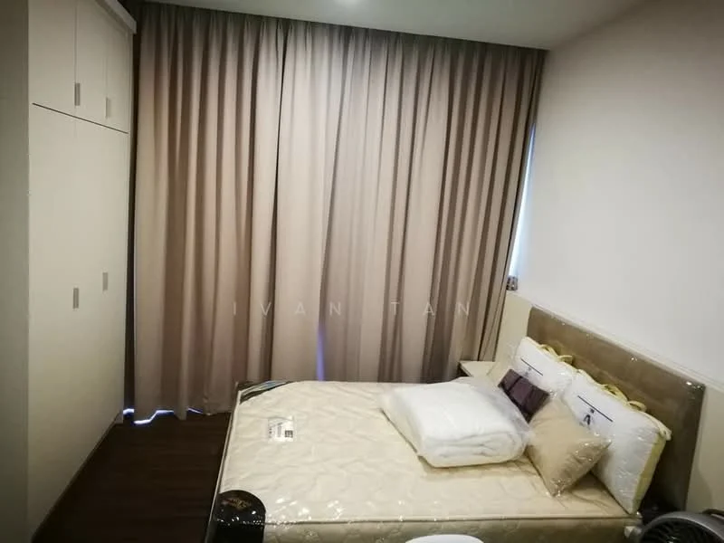 Bedroom features: queen-size bed with upholstered headboard, bedding with decorative pillows, floor-to-ceiling curtains in beige, wooden flooring, built-in wardrobe with sliding doors, wall-mounted bedside lamp, decorative wall art, window with natural light; style: modern.