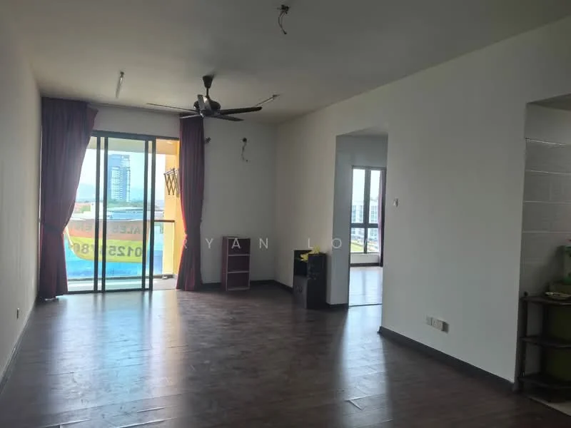 Living features: wooden flooring, white painted walls, 5-blade ceiling fan, floor-to-ceiling windows, sliding glass door, curtains, open layout, natural light, wall-mounted TV, decorative wall, corner shelving unit; style: modern; view: city.
