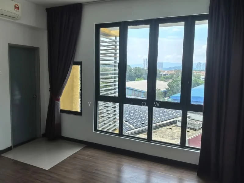 Room features: large floor-to-ceiling windows, blackout curtains, grey painted walls, wood laminate flooring, air conditioning unit, view of city skyline, sliding glass door, corner window; style: modern; view: city.
