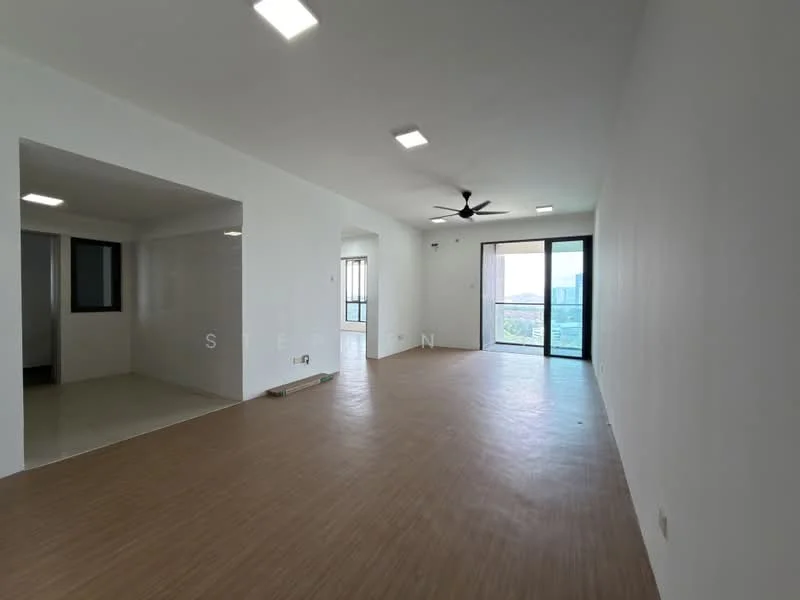Living features: laminate flooring, white painted walls, 5-blade ceiling fan with light, floor-to-ceiling windows, sliding glass door, balcony access, recessed ceiling lights; style: modern; view: city. Room features: white painted walls, laminate flooring, recessed ceiling lights.