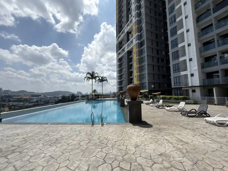 Exterior type: high-rise condominium; features: infinity pool, pool deck with loungers, landscaped garden area, palm trees, stone-paved walkway, glass curtain wall facade, balconies on upper floors, surrounded by city skyline; style: modern.