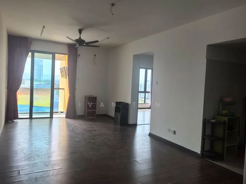 Living features: dark wood flooring, 5-blade ceiling fan, floor-to-ceiling windows, sliding glass door, curtains, open layout, wall-mounted TV, decorative wall, natural light, city view; style: modern; view: city.