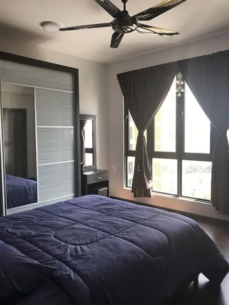 Bedroom features: king-size bed with blue bedding, 5-blade ceiling fan, floor-to-ceiling windows, dark curtains, mirrored wardrobe, nightstand, wooden flooring, decorative wall with light color; style: modern; view: city.
