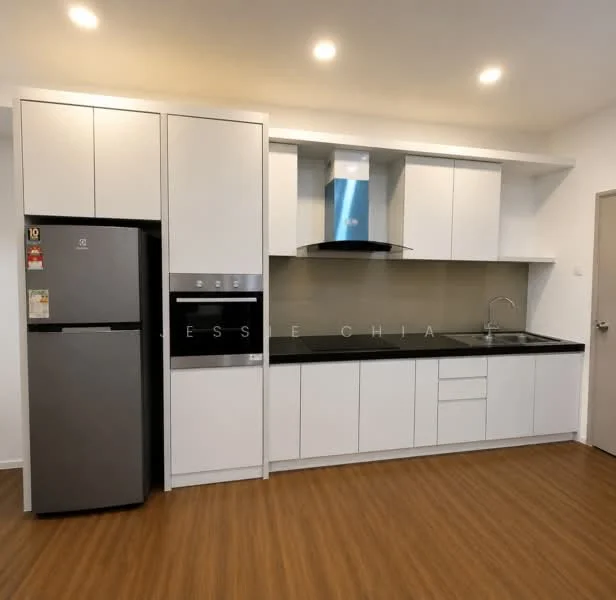Kitchen features: stainless-steel fridge, built-in oven, black countertop, white cabinetry, single-bowl stainless-steel sink, chrome pull-down faucet, extraction hood, wood laminate flooring, recessed downlights; style: modern.