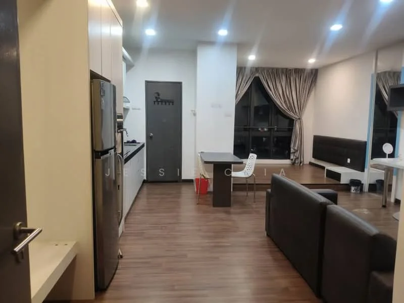 Living features: laminate flooring, large window with city view, black leather sofa, white dining table with chairs, kitchenette with stainless-steel appliances, refrigerator, built-in cabinets, curtains, TV console, wall-mounted TV; style: modern; view: city.