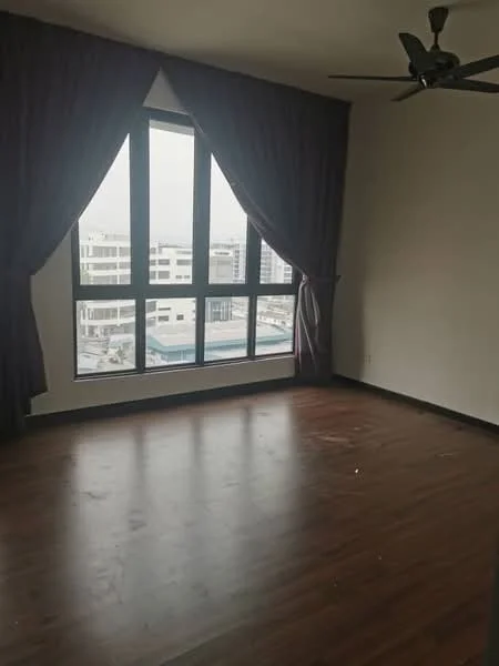 Room features: wooden flooring, floor-to-ceiling windows, dark purple curtains, ceiling fan, plain white walls; style: modern; view: city.