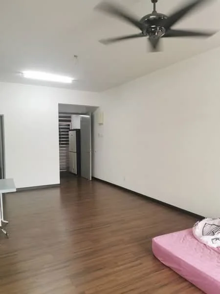 Room features: laminate flooring, white painted walls, ceiling fan, recessed lighting, open layout, doorway leading to another room, window with blinds, pink mattress on the floor; style: minimalist.