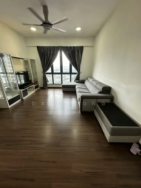 Living features: 3-seater fabric sofa in grey, L-shape sectional sofa, coffee table, TV console, wall-mounted TV, floor-to-ceiling windows, curtains in grey, wooden flooring, ceiling fan with light, decorative wall, area rug; style: modern; view: city.
