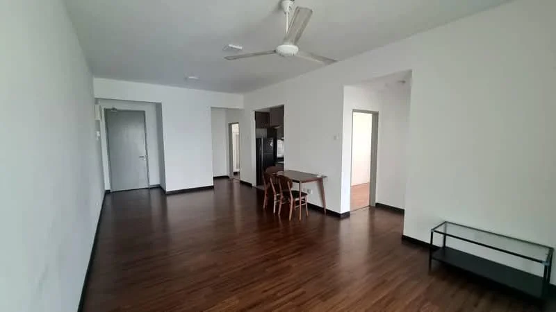 Living features: wooden flooring, white painted walls, 5-blade ceiling fan, dining table with four chairs, open layout, doorway to kitchen, doorway to hallway, large windows, neutral decor; style: modern. Room features: white painted walls, wooden flooring, doorway to other rooms.