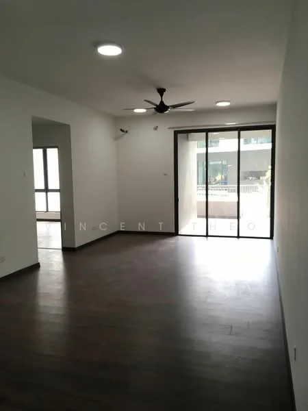Living features: wooden flooring, white painted walls, 5-blade ceiling fan with light, floor-to-ceiling sliding glass door, natural light from large window, recessed downlights; style: modern; view: garden.