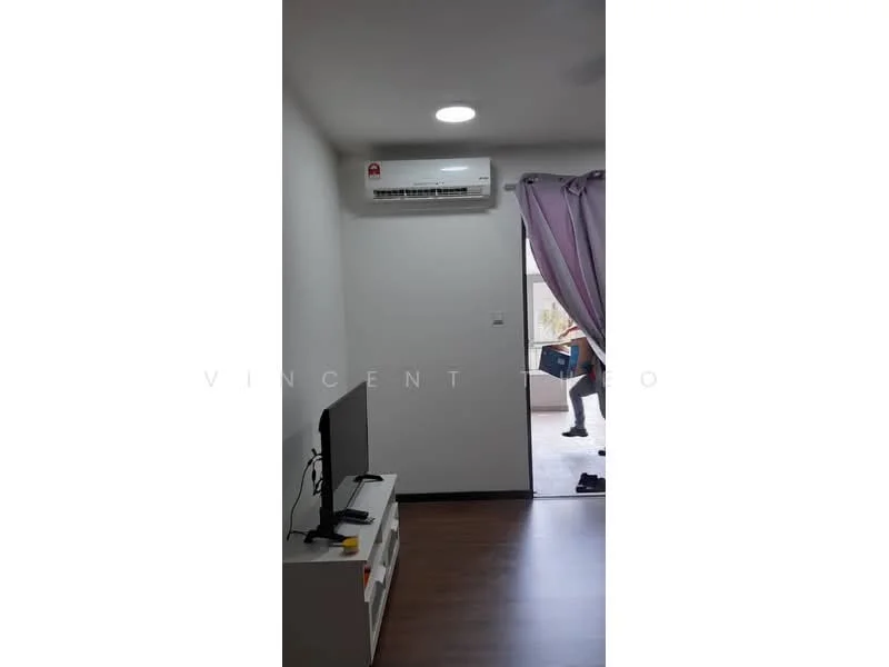 Room features: white painted walls, laminate flooring, wall-mounted split AC, ceiling light, TV console, television, curtains, window with view.