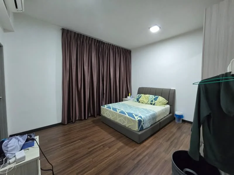 Bedroom features: queen-size bed with upholstered headboard, bedding with geometric pattern, brown curtains, wooden flooring, wall-mounted air conditioning unit, nightstand with lamp, clothes rack, waste bin; style: modern.