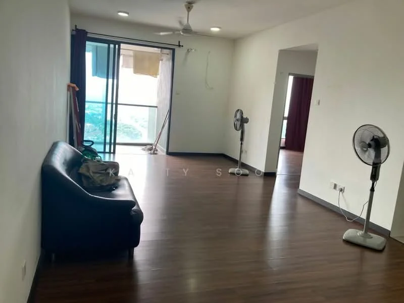 Living features: laminate flooring, white painted walls, ceiling fan, 3-seater fabric sofa in dark blue, floor-to-ceiling windows, balcony access, two standing fans, curtains, light source from windows; style: modern; view: city.