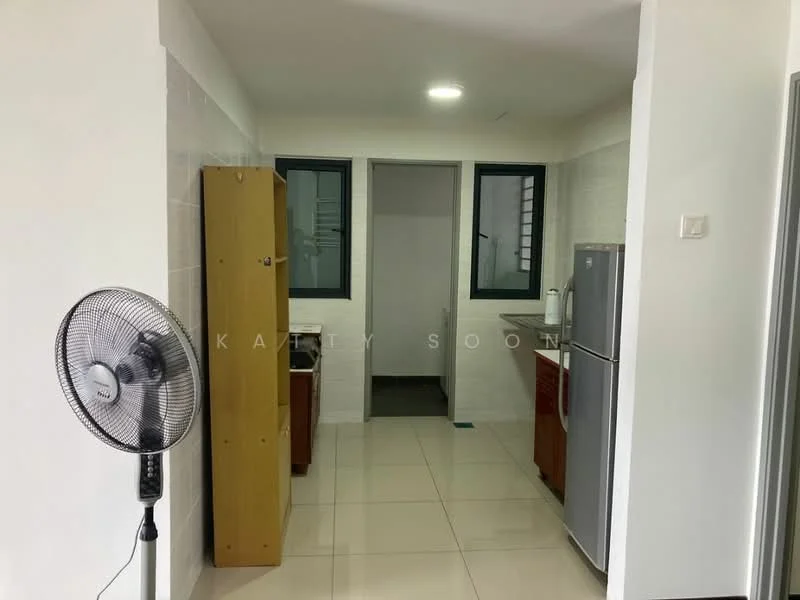 Kitchen features: white tiled walls, glossy white floor tiles, wooden cabinetry, stainless-steel fridge, kitchen sink, countertop, window with metal frame, ceiling light, standing fan; style: modern. Room features: doorway leading to another room, window with metal frame.