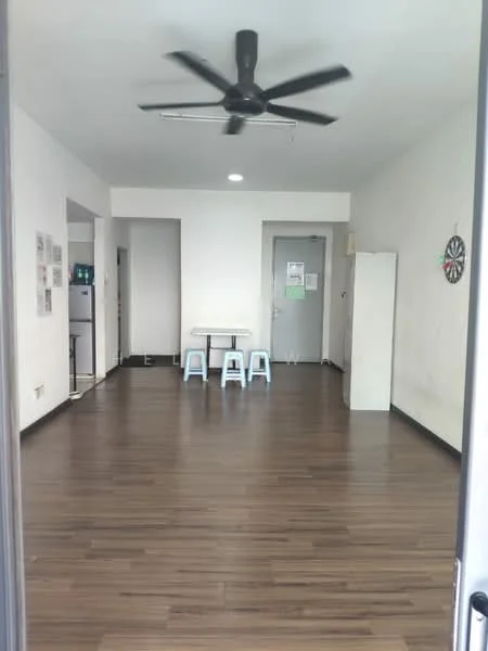 Room features: laminate flooring, white painted walls, ceiling fan, recessed downlights, dining table with stools, fridge, door to hallway, door to utility room, dartboard on wall; style: modern.