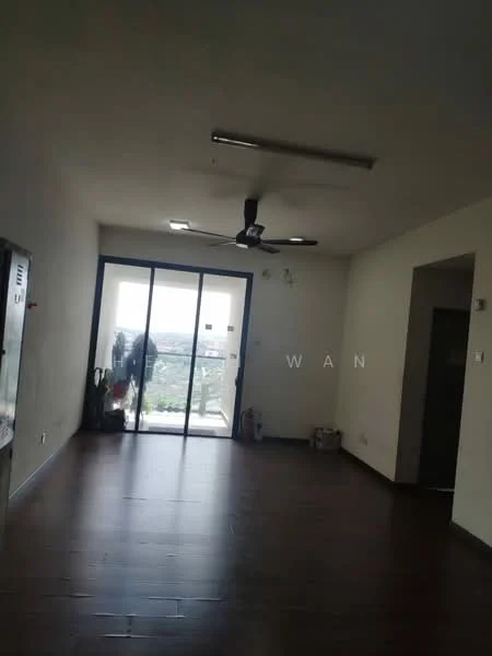 Room features: laminate flooring, white painted walls, 5-blade ceiling fan, floor-to-ceiling sliding glass door, balcony access, recessed lighting, window with view, minimalist decor; style: modern; view: city.