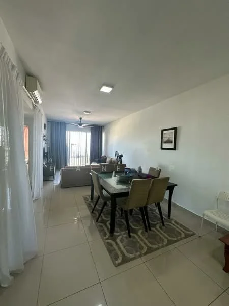 Living features: cream painted walls, white ceiling, recessed downlights, floor-to-ceiling windows, sliding glass door, light-colored tile flooring, 3-seater fabric sofa in grey, dining table with 6 chairs, area rug with geometric pattern, decorative wall art, curtains, TV console; style: modern; view: city.
