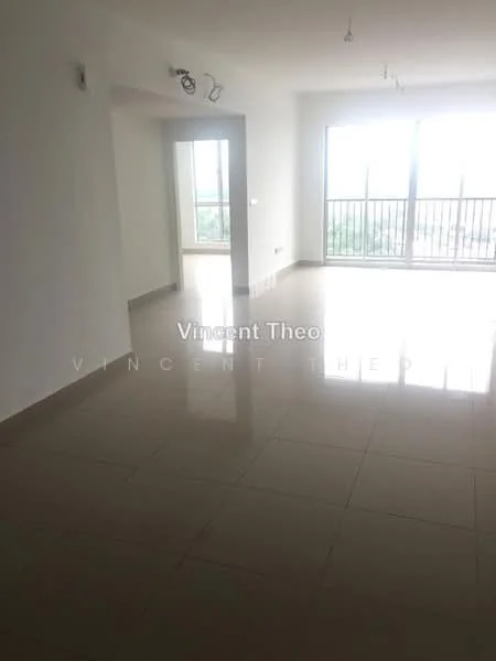 Room features: white painted walls, glossy ceramic tile flooring, large floor-to-ceiling windows, balcony access, recessed downlights, open layout, neutral color scheme, no visible furniture; style: modern; view: city.