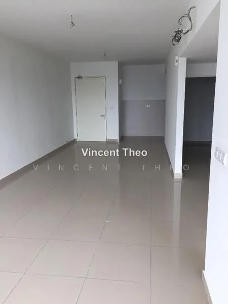 Room features: white painted walls, glossy tile flooring, ceiling lights, door, open layout, neutral color scheme; style: modern.