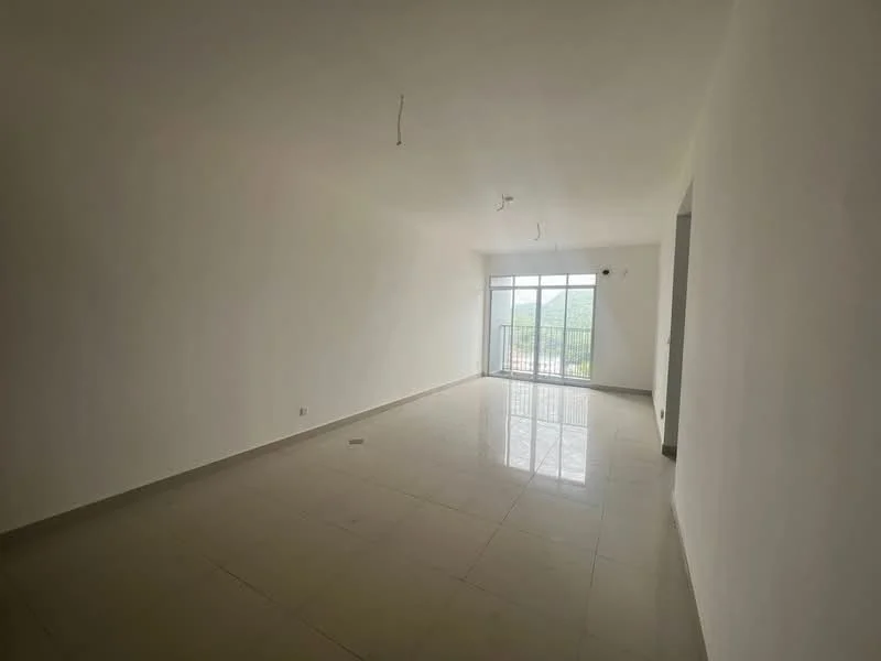Room features: white painted walls, polished tile flooring, floor-to-ceiling windows, natural light from windows, sliding glass door, view of greenery, ceiling lights, open layout; style: modern; view: garden.