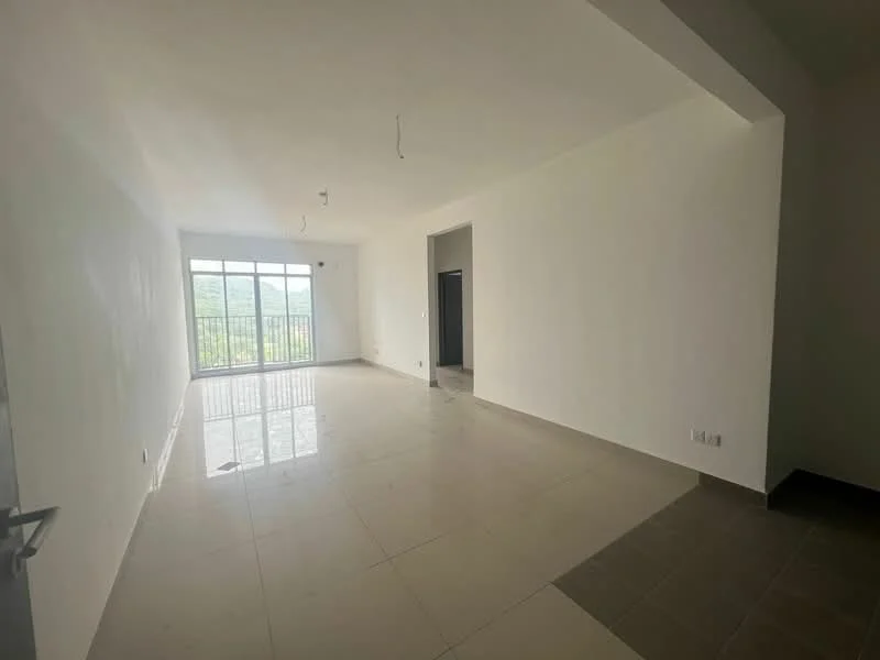 Living features: white painted walls, polished ceramic tile flooring, floor-to-ceiling windows, natural light, no visible furniture, open layout, ceiling lights, view of greenery; view: garden.