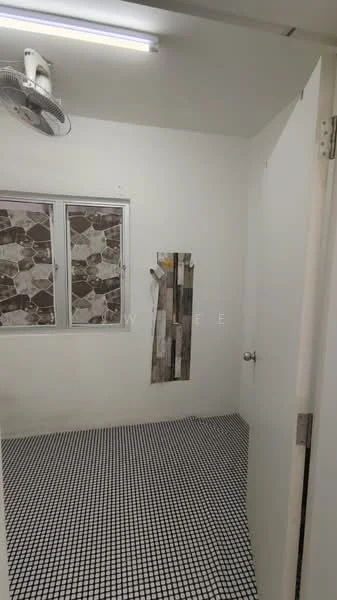 Room features: white painted walls, black and white mosaic tile flooring, ceiling fan, two windows with patterned treatments, wooden wall decor, light fixture on ceiling; style: minimalist.