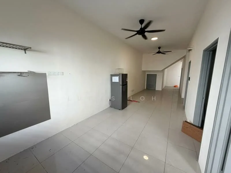 Room features: white painted walls, grey tiled flooring, 2 ceiling fans, recessed downlights, fridge, open shelving, door to adjacent room, staircase visible in background; style: modern.
