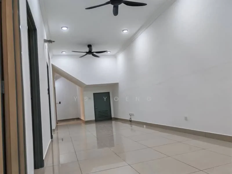 Room features: white painted walls, glossy ceramic tile flooring, 2 ceiling fans, recessed downlights, doorway leading to another room, corner with sloped ceiling; style: modern.
