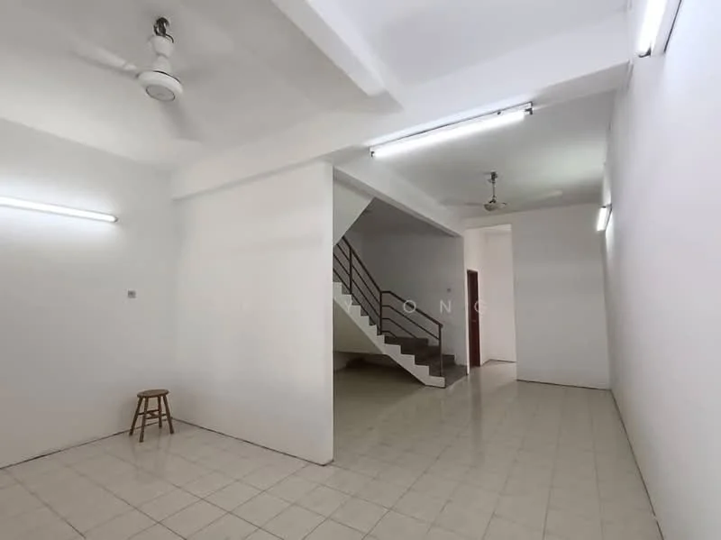 Room features: white painted walls, glossy tile flooring, ceiling lights, ceiling fan, staircase, stool, open layout; style: minimalist.