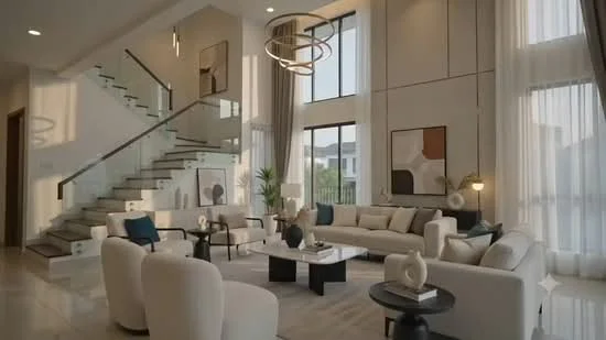 Living features: large floor-to-ceiling windows, white painted walls, high ceiling with recessed lighting, modern chandelier, light-colored fabric sofa, black coffee table, decorative vases on coffee table, area rug with geometric pattern, wall art with abstract design, indoor plants, glass staircase with metal railing, curtains in light fabric, side tables with lamps; style: modern; view: garden.