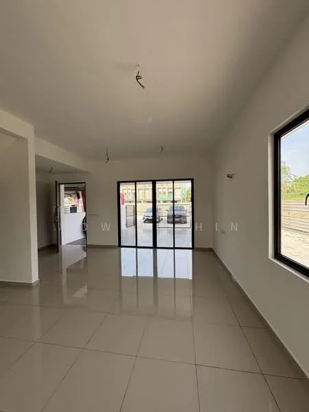 Living features: white painted walls, glossy ceramic tile flooring, large windows, sliding glass door, recessed downlights, neutral ceiling, open layout, view of outdoor space; style: modern; view: garden.