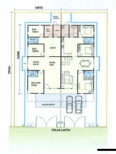 Floor plan: 3-bedroom 2-bathroom unit; features: open-plan kitchen-dining-living, master bedroom with ensuite bathroom, bedroom 2 with shared bathroom, utility room, laundry area, car porch for 2 cars, central foyer, balcony off living room.