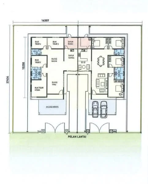 Floor plan: 3-bedroom 2-bathroom unit; features: open-plan kitchen-dining-living, master bedroom with ensuite bathroom, utility room, balcony off living room, 2 car porch, central foyer, all bedrooms with windows, study or 4th bedroom.