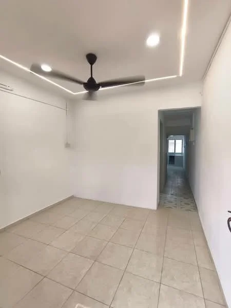 Room features: white painted walls, tile flooring, 5-blade ceiling fan, recessed LED downlights, doorway leading to hallway; style: modern.