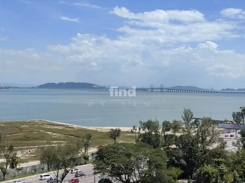 Exterior features: waterfront view, city skyline in background, bridge visible, greenery along the shore, open sky, road visible in foreground.