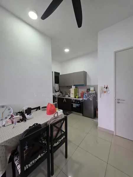 Kitchen features: white painted walls, glossy ceramic tile flooring, ceiling with recessed downlights, 5-blade ceiling fan, dark cabinetry, stainless-steel fridge, built-in oven, countertop with space for appliances, dining table with chairs, kitchen sink, wall-mounted cabinets; style: modern.