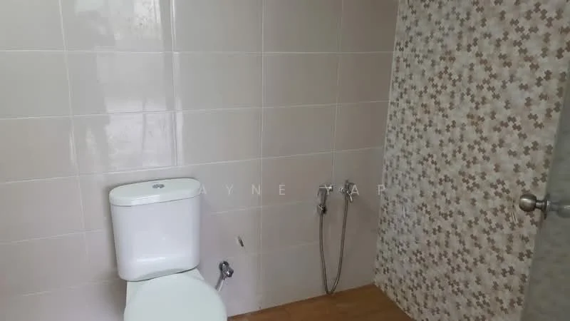 Bathroom features: white ceramic toilet, wall-mounted faucet, shower area with tile cladding, light brown wooden flooring, cream tiled walls, decorative patterned tile accent wall; style: modern.