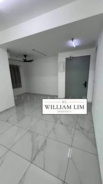 Room features: white painted walls, grey marble tile flooring, ceiling fan, window with sheer curtains, door with handle, LED ceiling lights; style: modern.