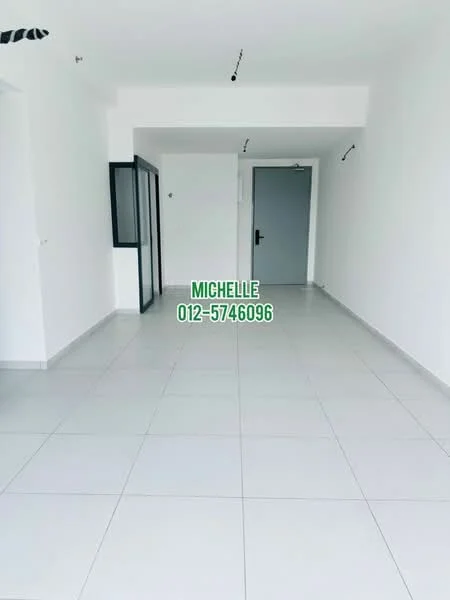 Room features: white painted walls, grey tiled flooring, recessed downlights, sliding glass door, open layout, no visible furniture, neutral color scheme, large windows, minimalist design; style: modern.