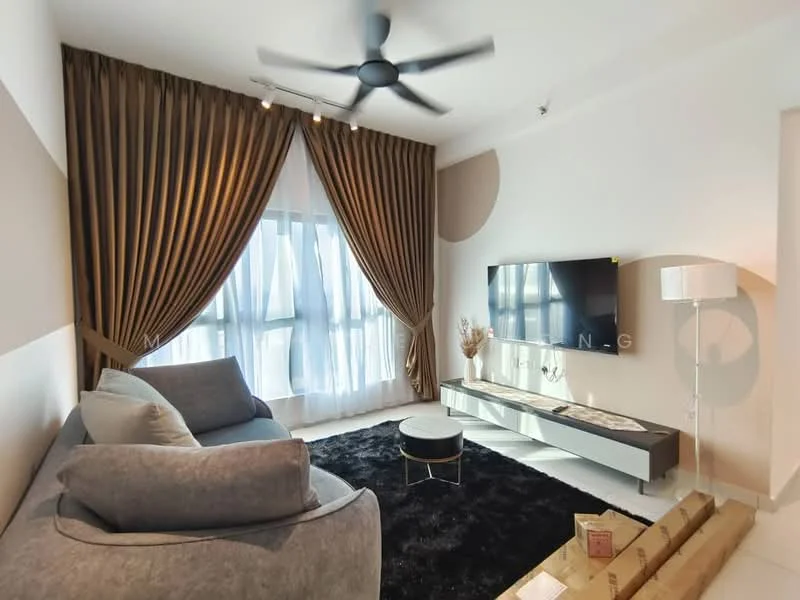 Living features: 3-seater fabric sofa in grey, black area rug, floor-to-ceiling windows, sheer curtains, heavy drapes in brown, wall-mounted TV, TV console with decorative elements, ceiling fan with integrated light, decorative floor lamp, light-colored walls, wooden flooring; style: modern.