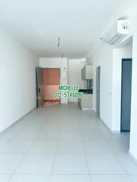 Room features: white painted walls, grey tiled flooring, 1 wall-mounted split AC, recessed downlights, open layout, kitchen cabinetry, doorway leading to another room, neutral color scheme; style: modern.