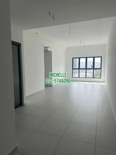 Room features: white painted walls, grey tiled flooring, large floor-to-ceiling windows, multiple ceiling light fixtures, open layout, no visible furniture, city skyline view, smooth ceiling; style: modern; view: city.