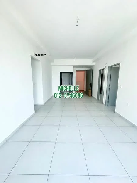 Room features: white painted walls, grey tiled flooring, recessed downlights, multiple doorways, open layout, large windows, neutral color scheme, high ceiling; style: modern.